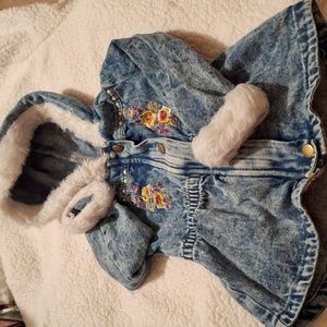 LITTLE LASS Girls Blue Hooded Jean Jacket With Flowers. Size 24 Months.Vintage